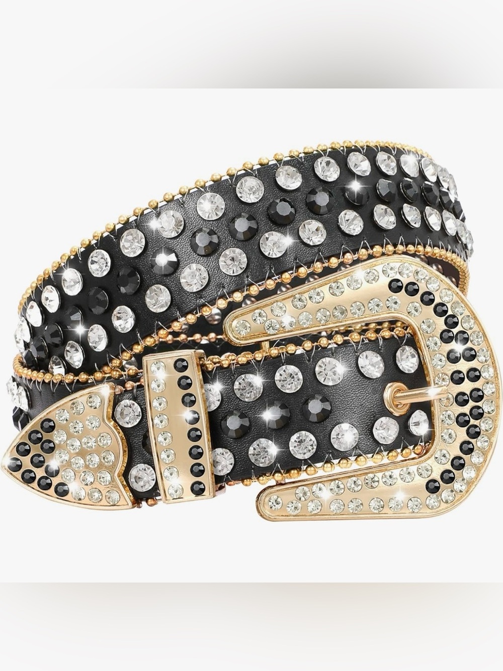 Womens Rhinestone Black Leather Belt